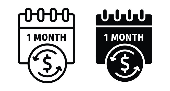 Monthly subscription payment icon set showing calendar with one month text and dollar sign with recurring arrows for billing cycles