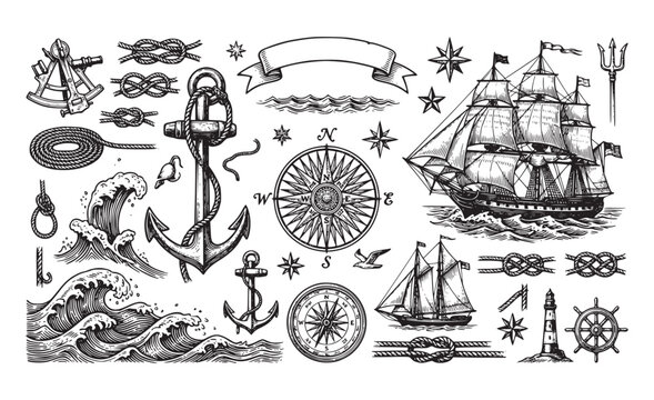 Large collection of nautical themed illustrations in vintage engraving style, featuring ships, anchors, compasses, waves, ropes, and marine instruments.