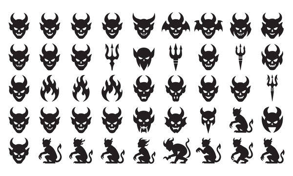 Extensive collection of devil and demon face silhouettes, trident symbols, fire flames, and imp figures isolated on a white background, for halloween and, occult projects