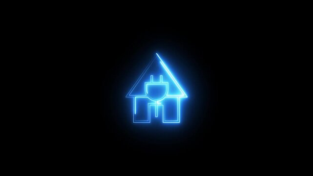 Neon blue electric plug and house icon outline animation glowing on dark black background.