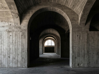 Obraz premium Old stone hallway with arched doorways and light at the end of the tunnel