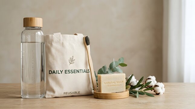 Eco friendly daily essentials on wooden table