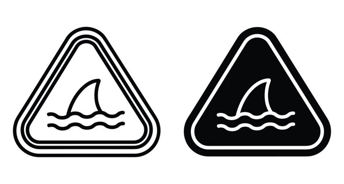 Shark warning sign icon set featuring a predator fin above ocean waves in triangular caution frame for beach safety awareness