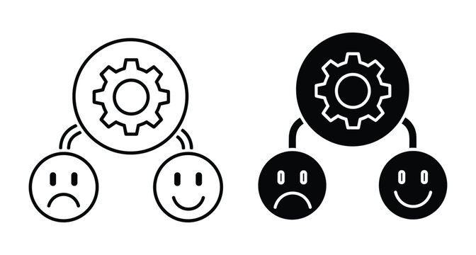 Customer feedback icon set showing gear mechanism connecting happy and sad faces for sentiment analysis user experience and satisfaction management