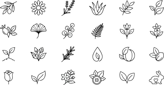 Natural herbal remedies and cruelty free cosmetic monoline outline icons