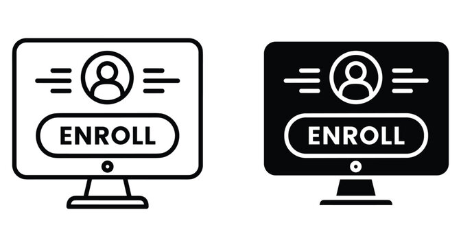 Online enrollment icon set with computer monitor user profile and enroll button for digital registration education sign up and membership application
