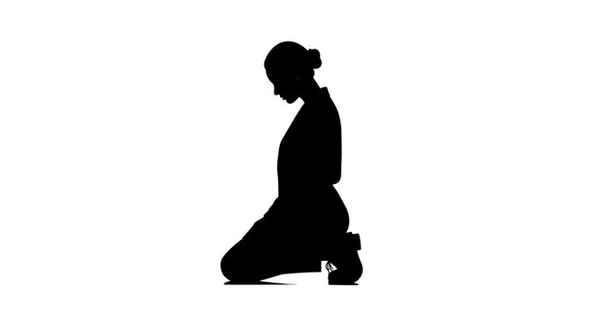 Black silhouette of woman kneeling in prayerful position isolated on white background depicting devotion and humility faith.