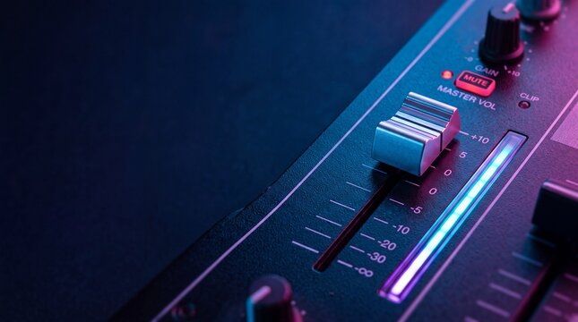 A close-up view of a mixing board fader with neon light display, bathed in blue and purple light.