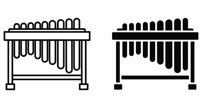 Marimba percussion musical instrument icon set with outline and solid black styles for orchestra band performance and music education equipment