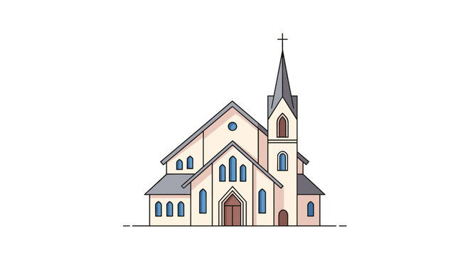 Traditional cathedral building illustration featuring steep roof and high bell tower with cross isolated on white background.
