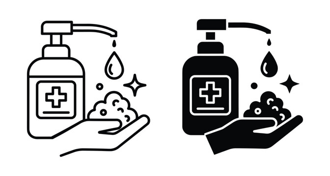 Hand sanitizer dispenser bottle with hand and soap foam bubbles icon set for hygiene disinfection and virus prevention measures