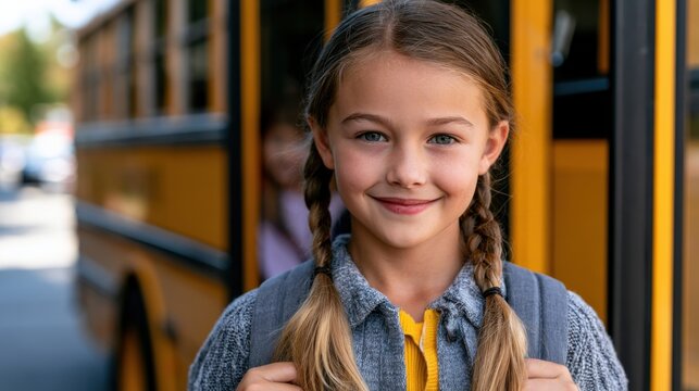 Back to school, Smiling little schoolgirl getting into the school bus