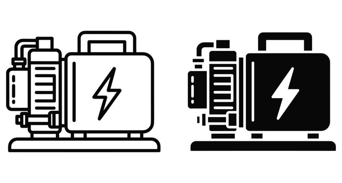 Portable electric generator icon set showing outline and solid versions for backup power supply industrial energy equipment and electrical station