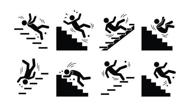 Collection of falling person icons on stairs and ground