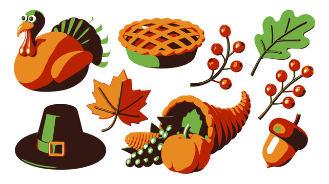 Thanksgiving Set of isolated thanksgiving icons featuring a turkey and cornucopia with autumn leaves and harvest pie on transparent background