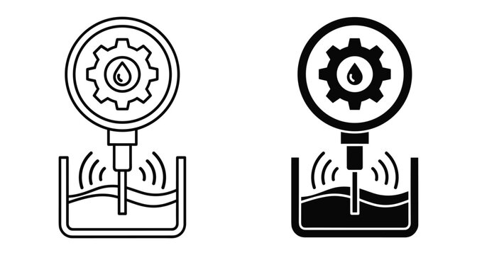 Industrial oil quality sensor icon showing gear and drop symbol monitoring fluid levels in tank for machinery maintenance and inspection