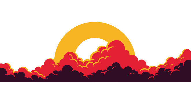 Mountain range and rising sun silhouette against a white background