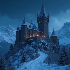 Fototapeta premium Majestic castle on snowy mountain under night sky. Winter landscape with snow covered pine trees and lit windows. Fairytale fortress with towers in remote, cold environment.