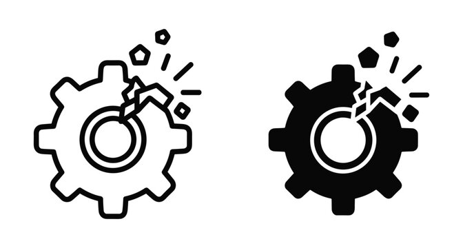 Broken gear icon set representing mechanical failure system error technical malfunction industrial damage maintenance needed repair service problem and machine breakdown