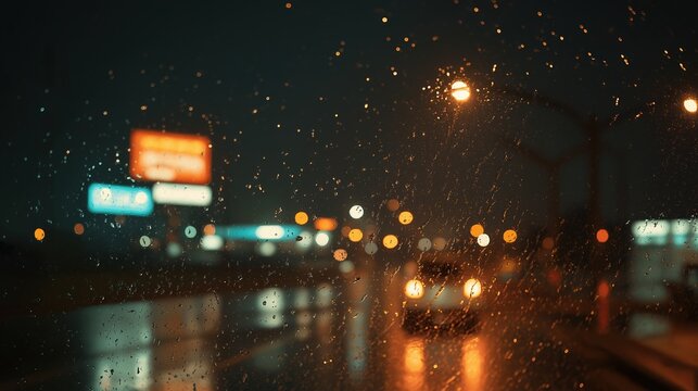 Rainy night street, blurry lights, reflection of light on wet pavement, neon cityscape, urban city, blurred figures in background