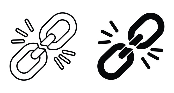 Broken chain link icon set showing disconnected metal rings representing separation freedom error and weak connection in outline and solid style