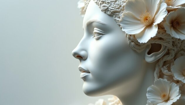 Elegant white sculpture shows female face decorated with large blooming flowers. Profile view displays detailed human features plus intricate floral ornaments. Modern art piece blends botanical
