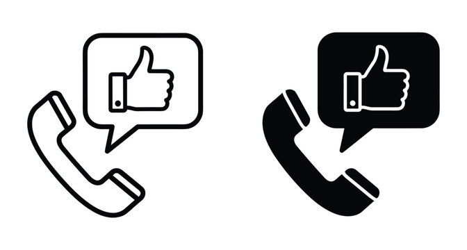 Telephone handset icon with thumbs up speech bubble symbol for customer feedback satisfaction support service communication contact and call center
