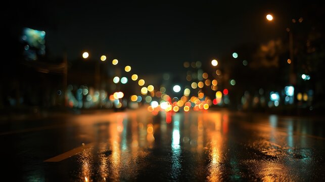 Rainy night street, blurry lights, reflection of light on wet pavement, neon cityscape, urban city, blurred figures in background