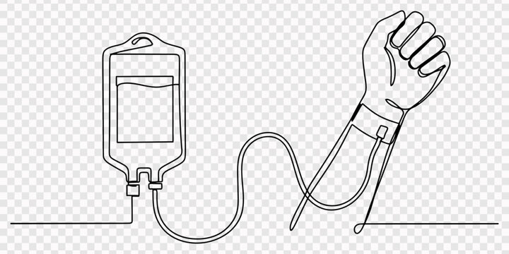 Continuous one line drawing blood bag and hand of donor. Single line draw design vector graphic illustration. transparent background, Continuous line drawing of a persons arm receiving an intravenous.