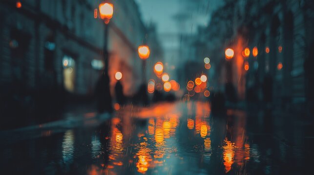 Rainy night street, blurry lights, reflection of light on wet pavement, neon cityscape, urban city, blurred figures in background