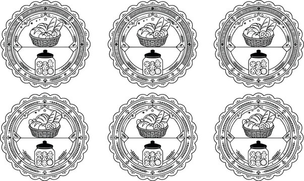 Set of bakery and pastry shop round labels with bread and cookies transparent background