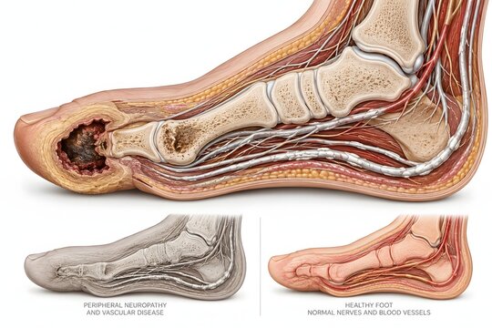 Diabetic foot neuropathic ulcer cross-section, diabetes complication medical CGI illustration - cross-section showing neuropathic ulcer, osteomyelitis risk, calcified vessels and peripheral neuropathy