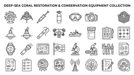 Deep sea coral restoration, conservation equipment icons, marine biology tools, eco friendly vector set © Rosie