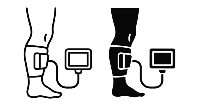 Medical compression pump device on human leg for deep vein thrombosis prevention and blood circulation therapy icon set vector illustration