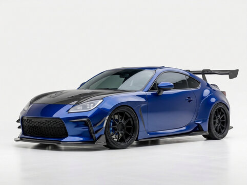 Modified purple sports car with black racing spoiler and custom wide body kit standing in a studio setting for automotive photography and design projects