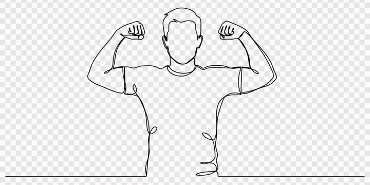 a man flexing both arms and biceps continuous one line drawing, transparent background, A simple line drawing of a muscular figure flexing both arms upwards, Man flexing bicep single line drawing pro.