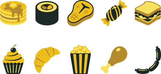 Graphic collection of various food icons presented in yellow and gray colors against a transparent background. © Emongrapic