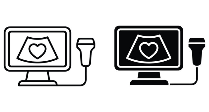 Ultrasound machine icon set showing heart scan on monitor with transducer probe for medical diagnostic imaging and prenatal healthcare services