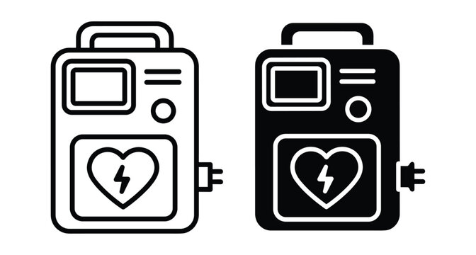 Automated external defibrillator icons set featuring heart symbol with lightning bolt for emergency medical first aid and cardiac life support