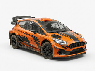Fototapeta premium Orange rally car with black racing stripes and spoiler for speed competition sports driving event