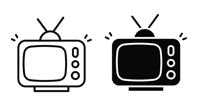 Retro television icon set featuring vintage analog tv with antenna and knobs in outline and solid black silhouette style graphic