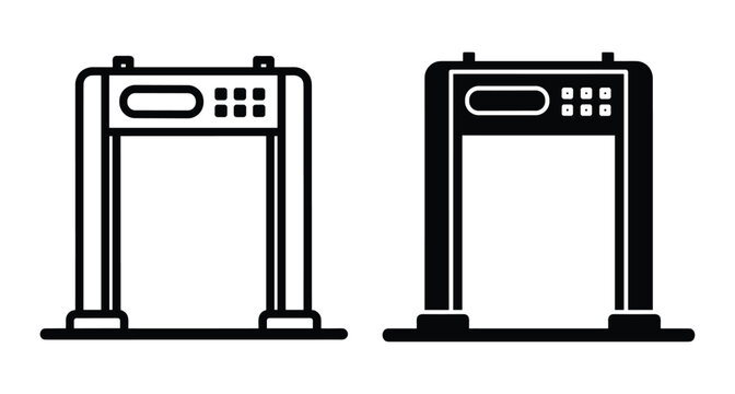 Walk through metal detector security gate icon set for airport safety checkpoint scanning system and public building entrance protection equipment