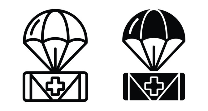 Medical aid package falling with parachute icon set for emergency relief humanitarian assistance healthcare supply delivery logistics symbol graphic