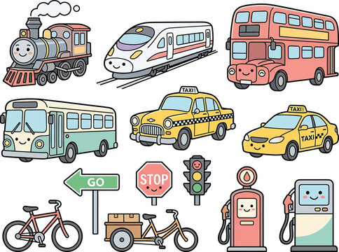 Vector illustration of a cute cartoon transportation and city travel set with trains buses taxis and infrastructure transportation infrastructure movement collection illustration isolated