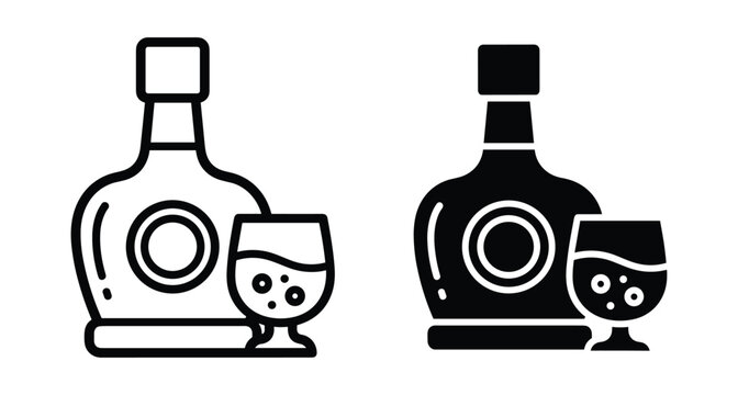 Liquor bottle and glass icon set featuring outline and solid glyph styles for brandy cognac whiskey rum beverage bar menu design