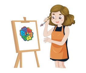 Fototapeta premium Girl Painting Rainbow Flower on Canvas, Little Artist Character Drawing on Easel with Paints Cartoon Style Vector Illustration stock illustration...