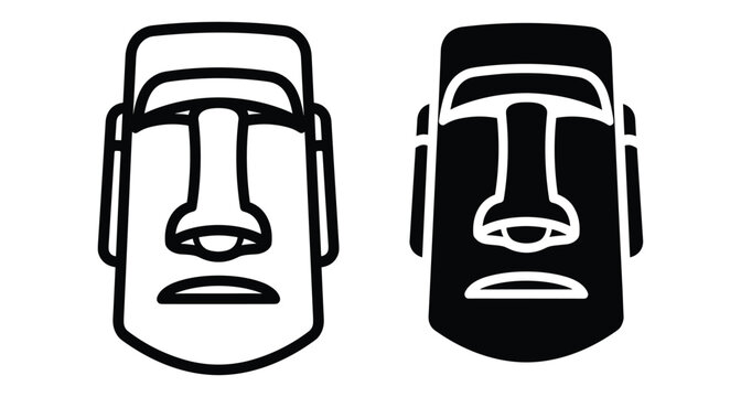 Moai head statue icon set featuring outline and solid black silhouette designs representing Easter Island Rapa Nui cultural stone monuments