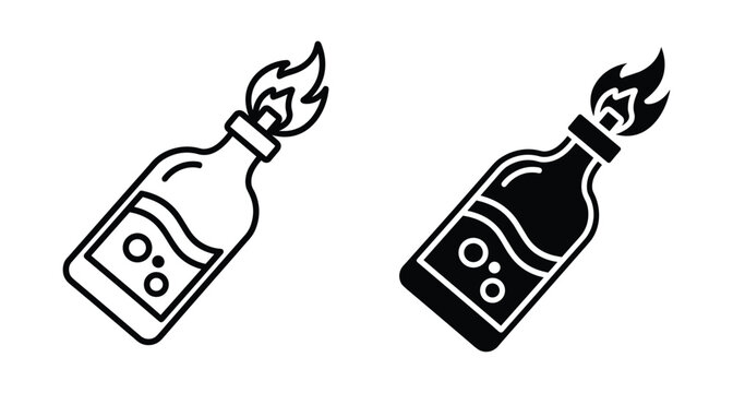 Molotov cocktail icon set featuring burning glass bottle with rag wick for protest revolution riot and fire weapon symbol