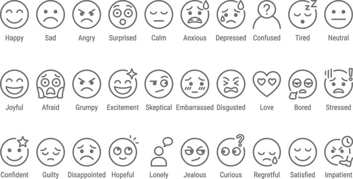 Collection Of Facial Expression Icons Black Line Art On White Background