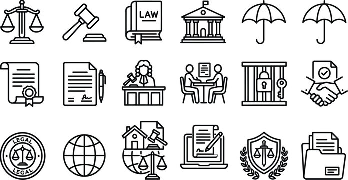 Legal Icons Set Line Style Illustration On White Background